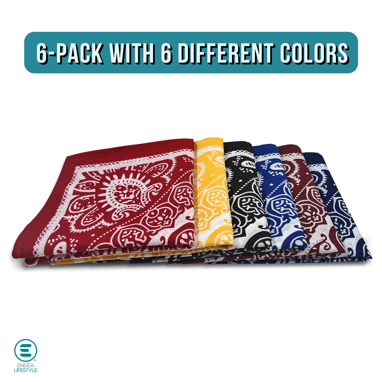 6-Pack Multi-Color Handkerchief, Bandanas, Headband, 22x22 Inch