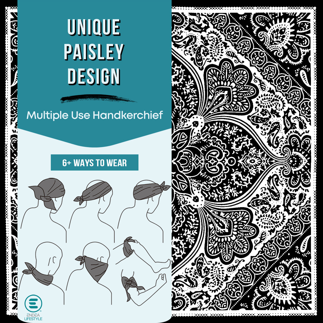 Black All-Gender Bandana Multi-Purpose Headband, Handkerchief, Head Wrap, Scarf, Protective Coverage - 22x22 Inch