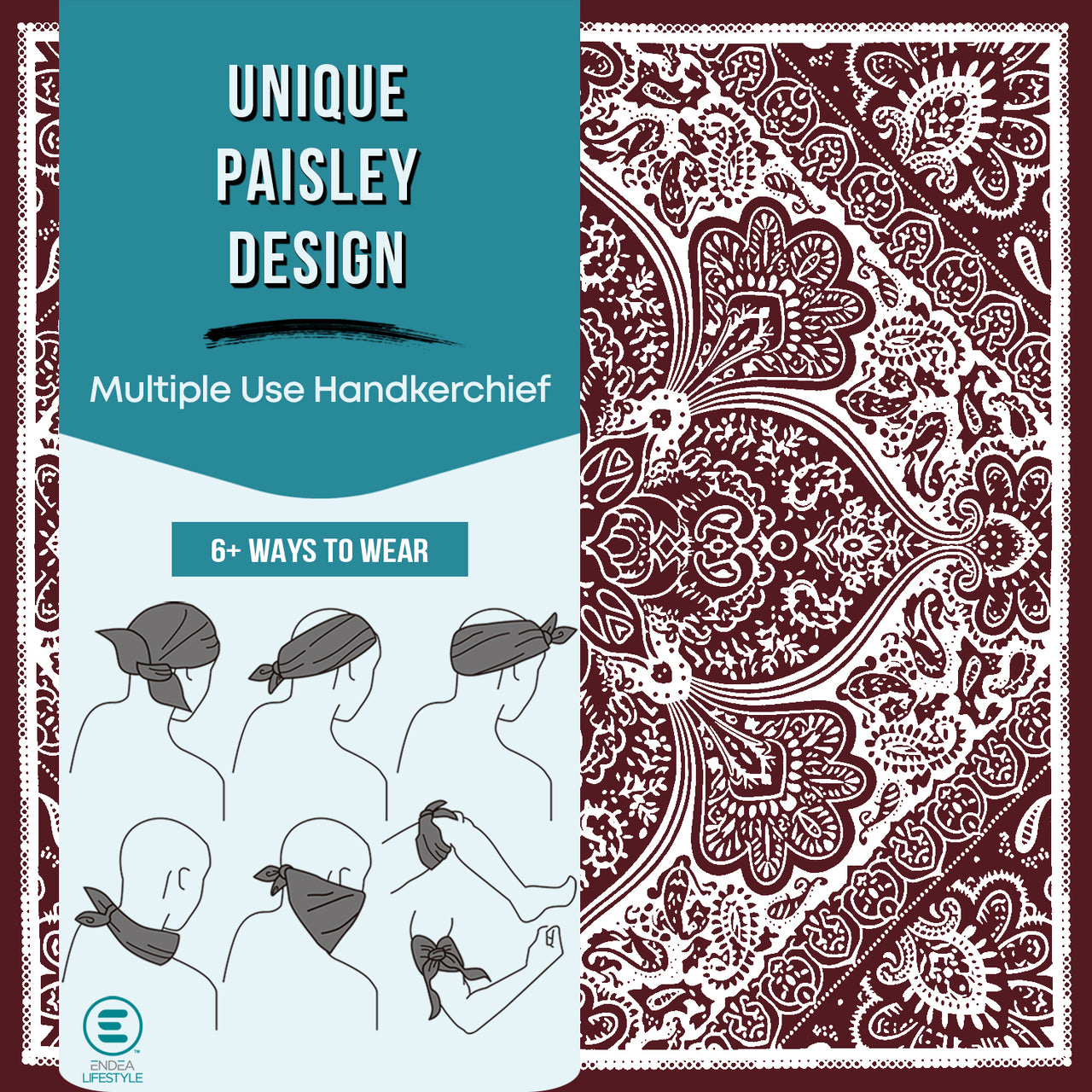 Maroon All-Gender Bandana Multi-Purpose Headband, Handkerchief, Head Wrap, Scarf, Protective Coverage - 22x22 Inch